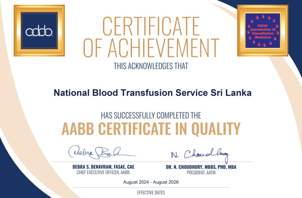 NBTS Sri Lanka Receives AABB Quality Certificate