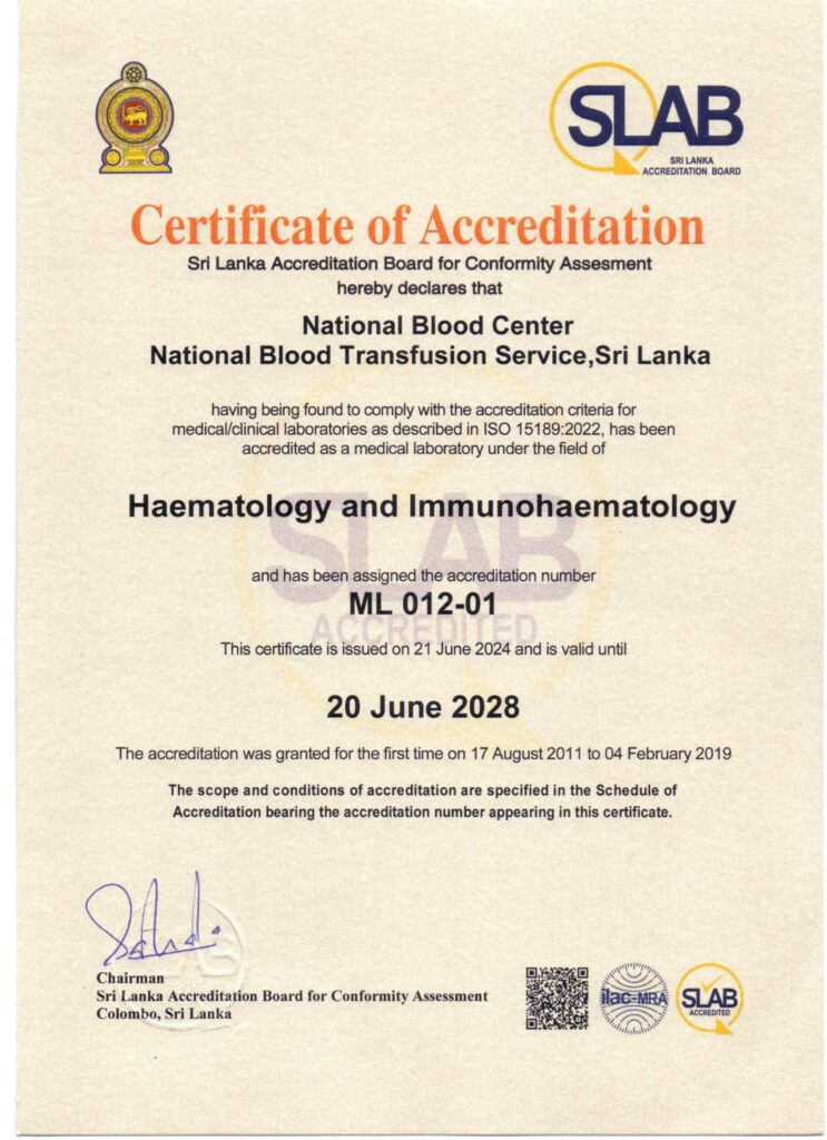 NBTS Sri Lanka Achieves SLAB ISO 15189:2022 Accreditation in Haematology and Immunohaematology